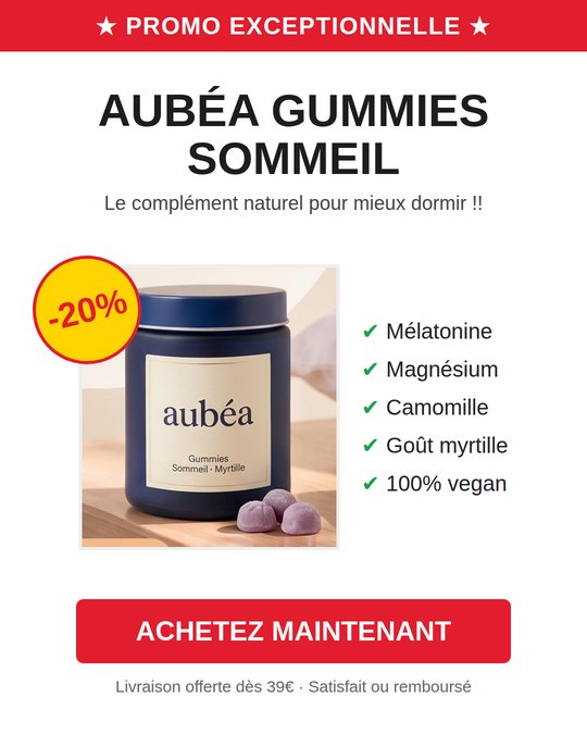Pub générique Aubéa : promo exceptionnelle, nom du produit en majuscules, liste d'ingrédients et bouton achetez maintenant